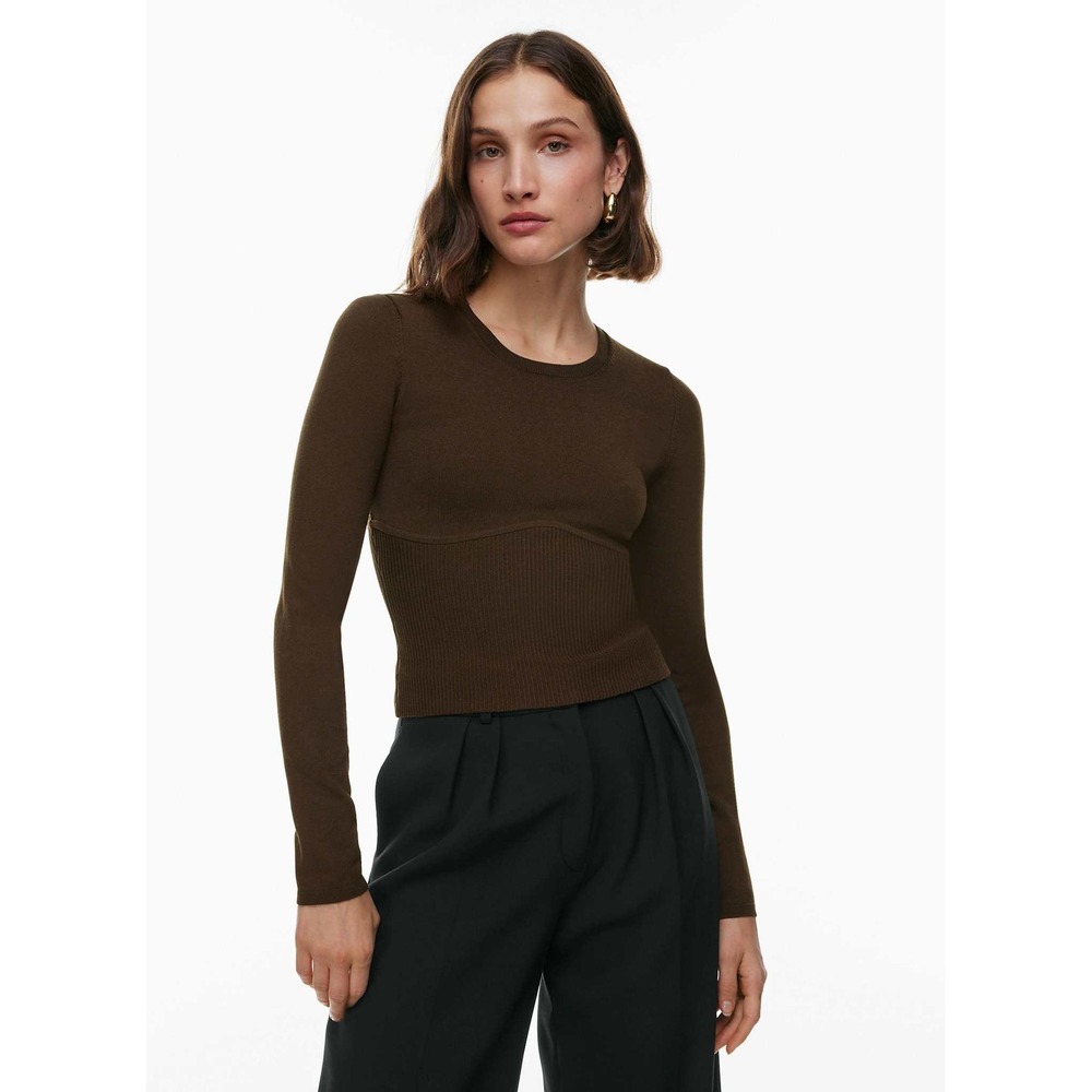 Babaton Aritzia Ribbed Waist Long Sleeve Knit Top Brown‎ Crew Neck Size L